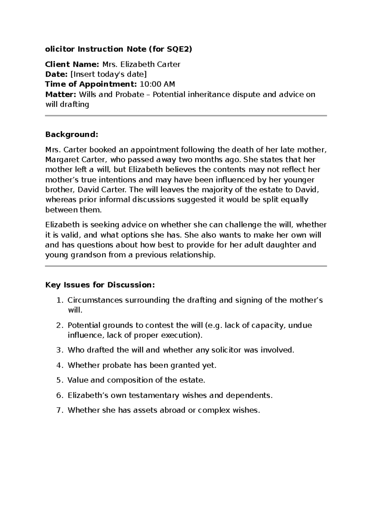 Solicitor Instruction Note (SQE2): Wills & Probate for Mrs. Carter ...