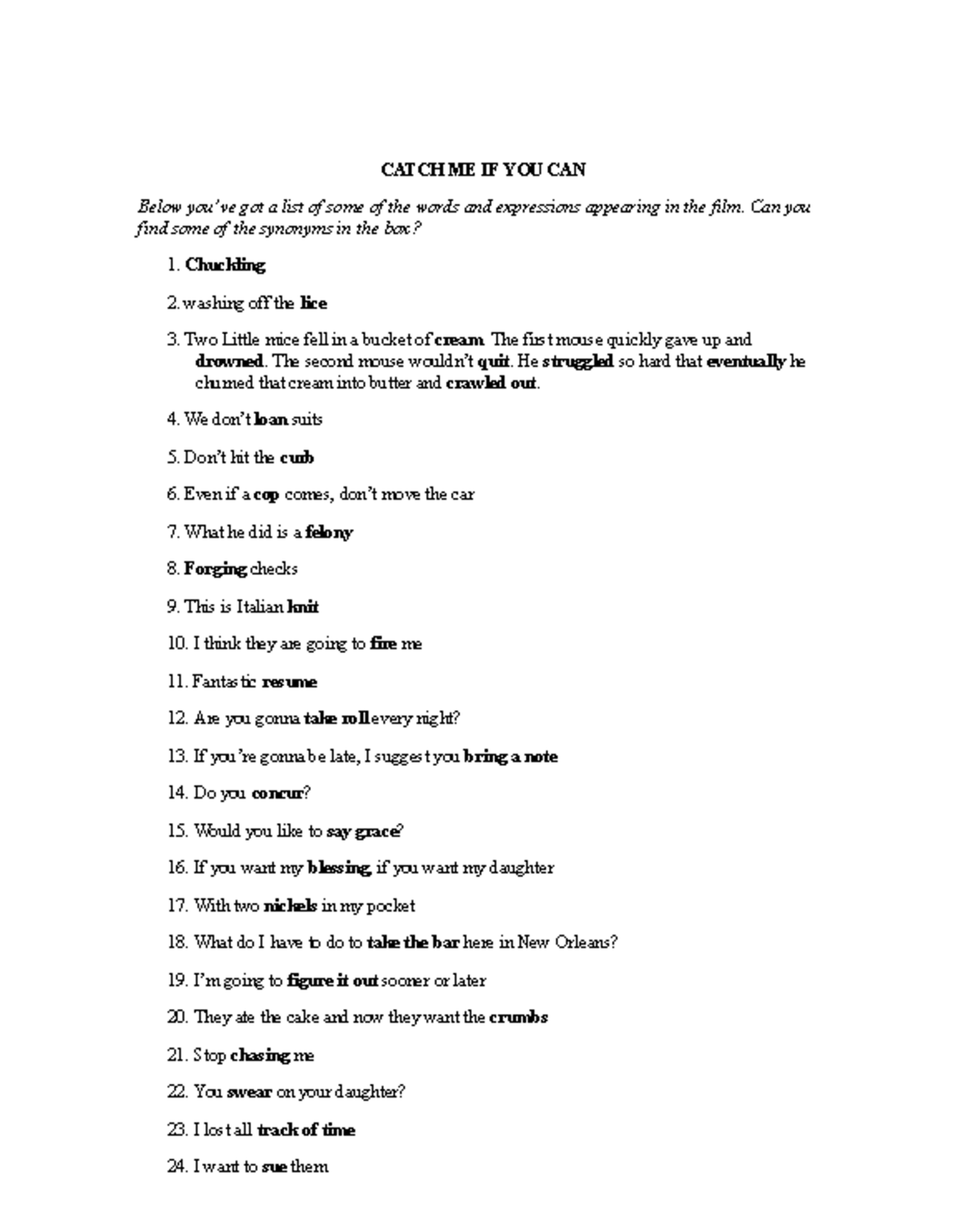 CATCH ME IF YOU CAN: Vocabulary & Comprehension Questions Insights ...