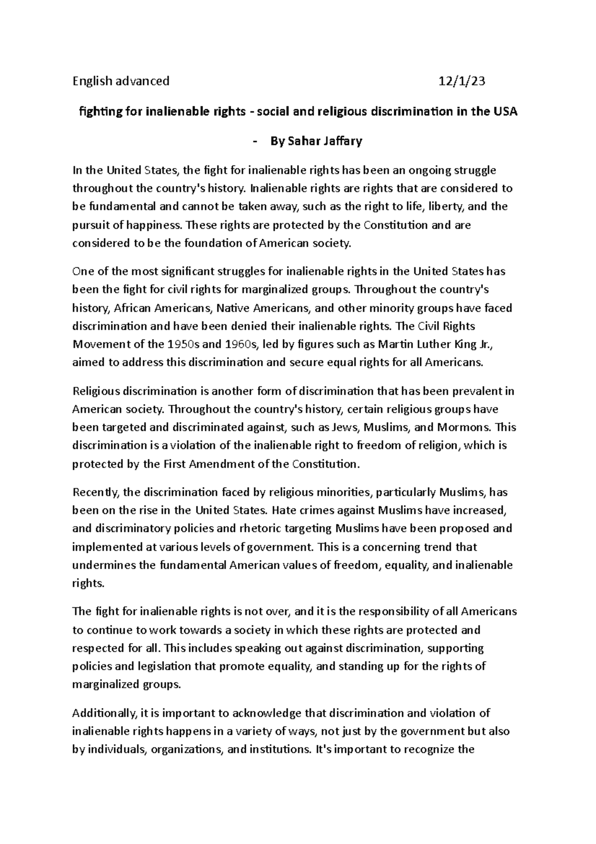 Advanced English 12/1: Inalienable Rights & Discrimination in the USA ...