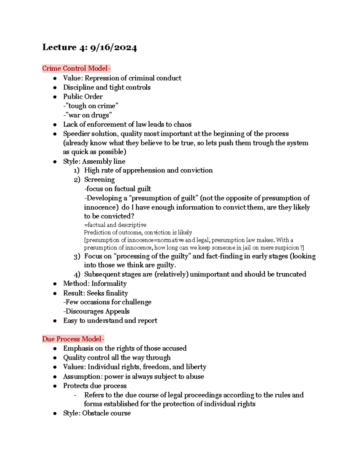 Legal Studies typed notes - Lecture 4: 9/16/ Crime Control Model- Value ...