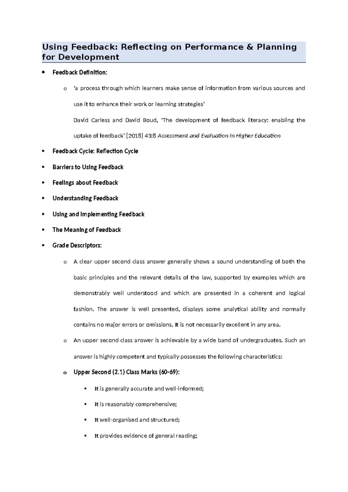 Using Feedback - Reflecting on Performace & Planning for Development ...