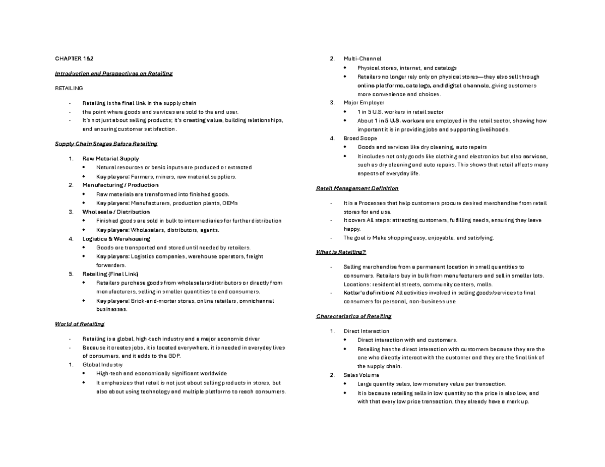 RETAILING 101: Insights from Retail Management Lectures 1-2 - Studocu