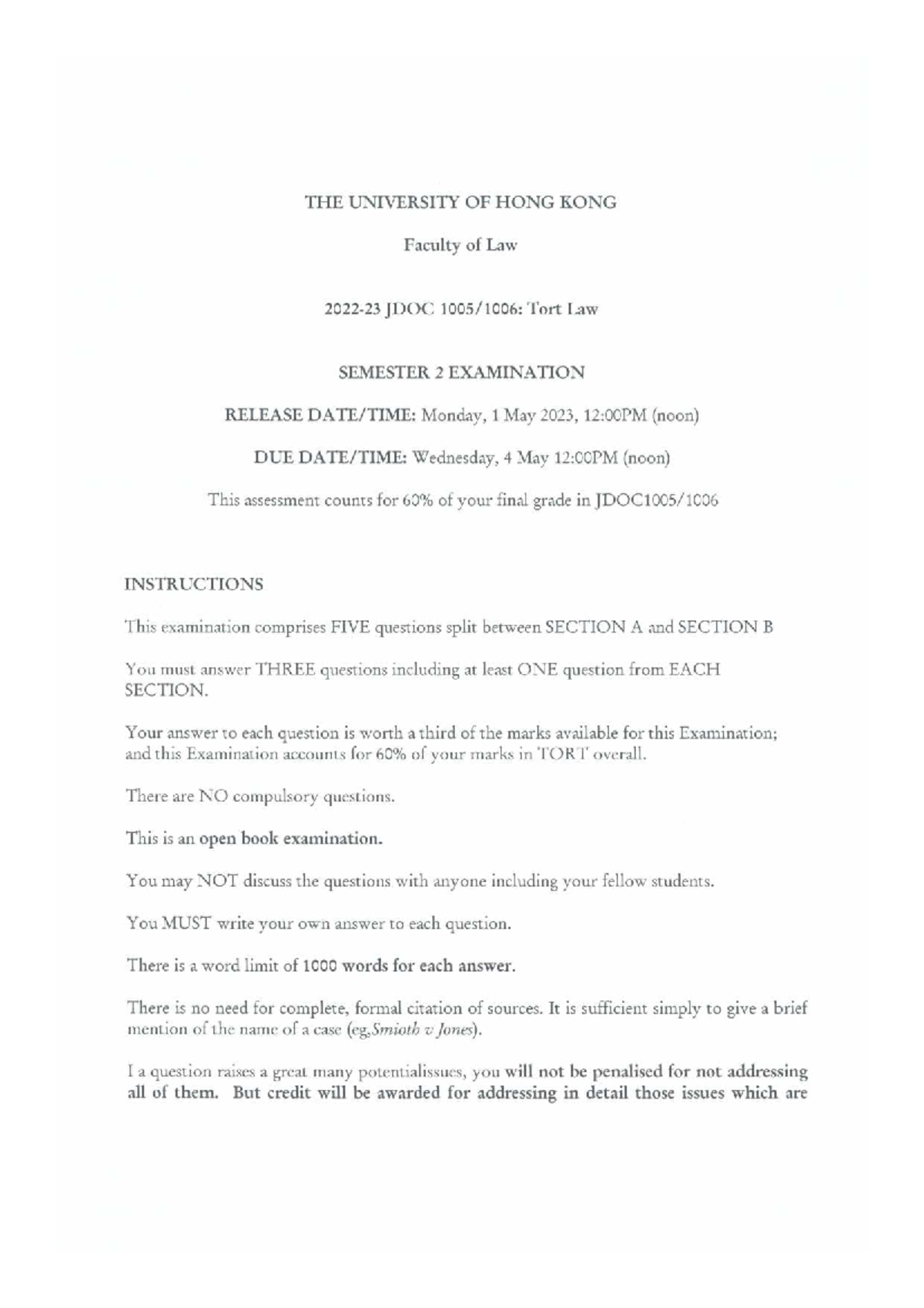Tort Past Papwer 2023 - Tort law past paper - THE UNIVERSITY OF HONG ...