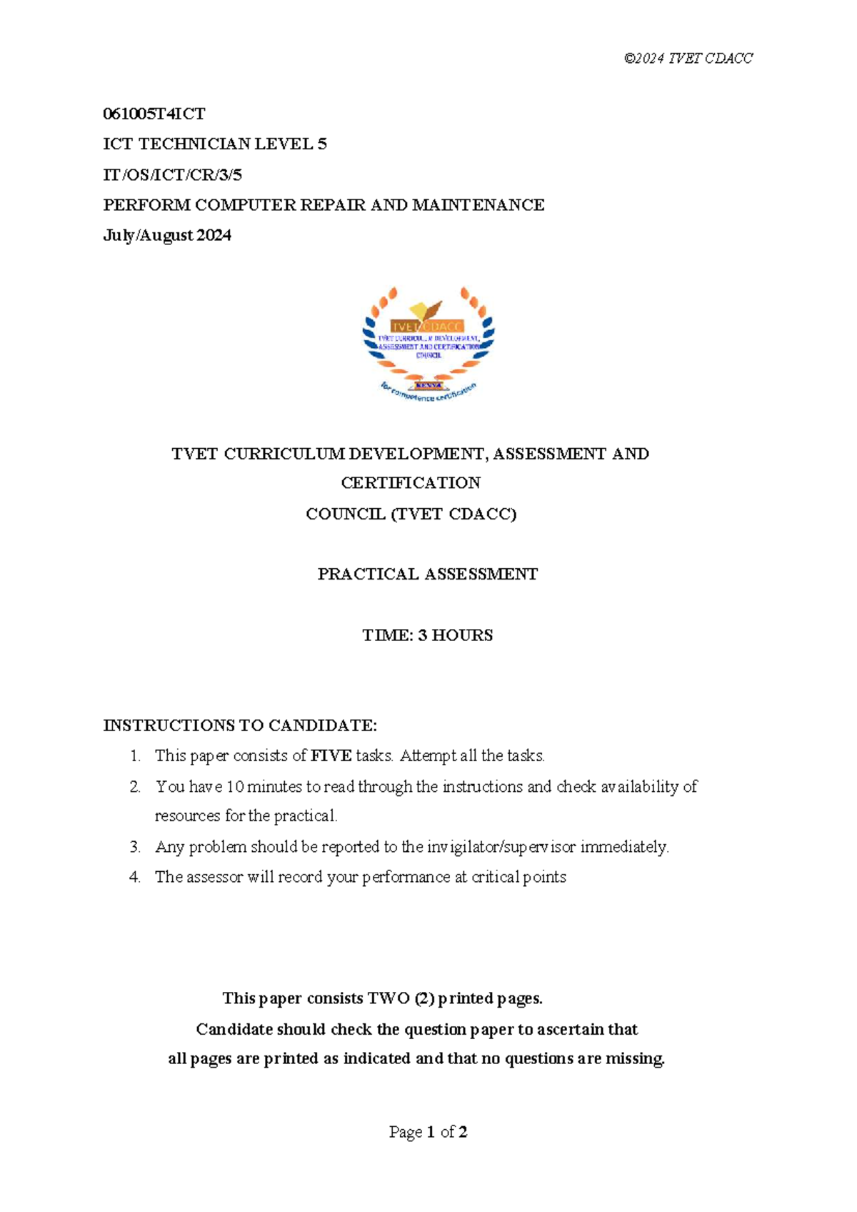 TVET CDACC 061005T4ICT ICT Technician Level 5 Practical Assessment ...