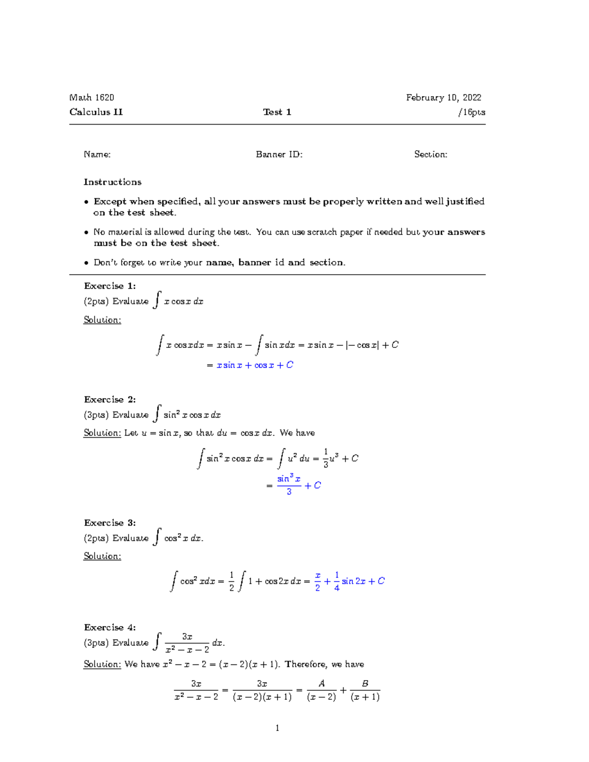 Math 1620 - Calculus II Test 1 Solutions by Dr. Mucoyo Karemara - Studocu