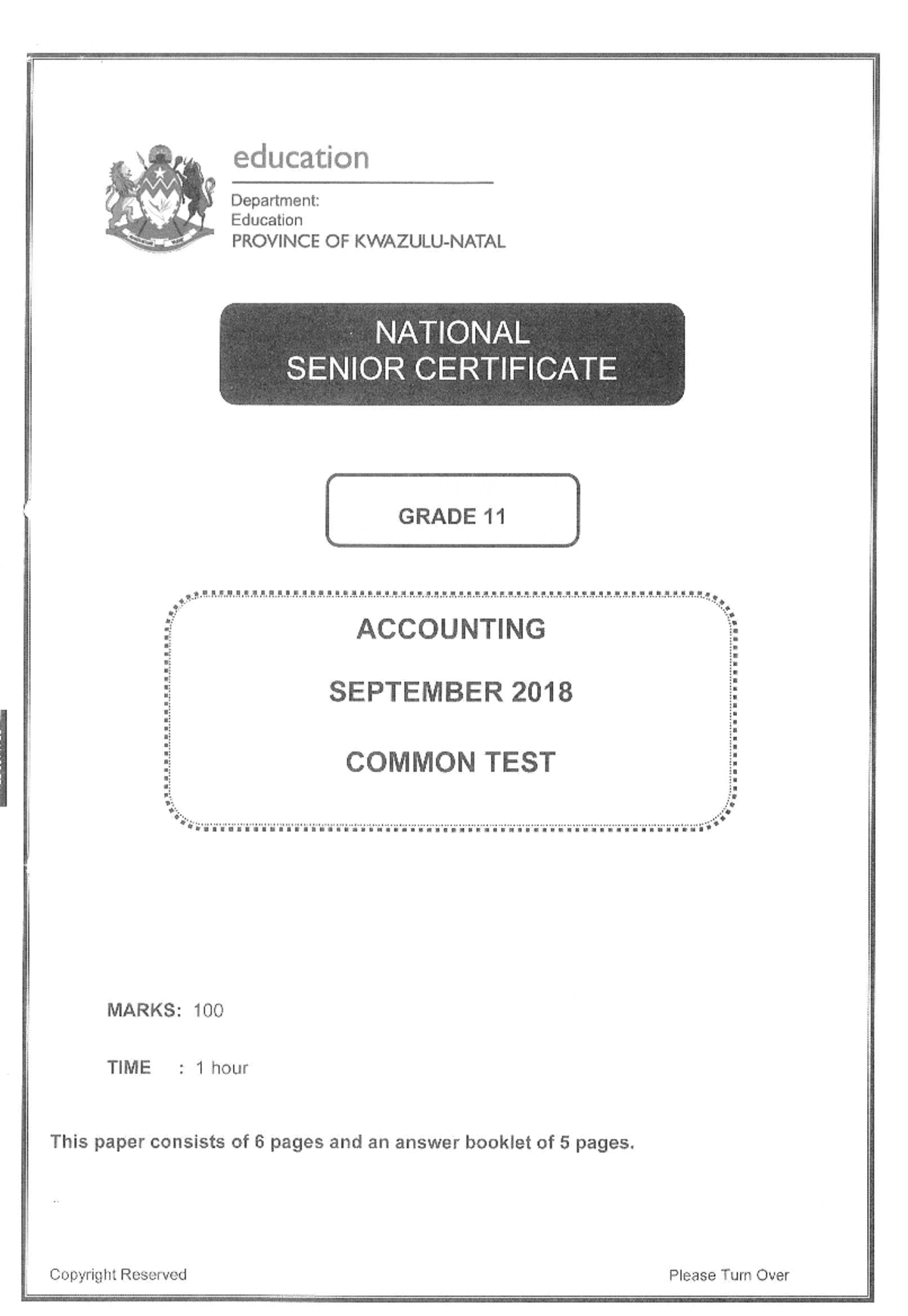 Grade 11 Accounting Common Test Memo - September 2018 (ACC) - Studocu