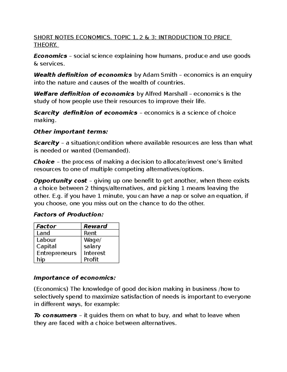 Economics Short Notes: Price Theory, Economic Systems & Elasticity (T1 ...
