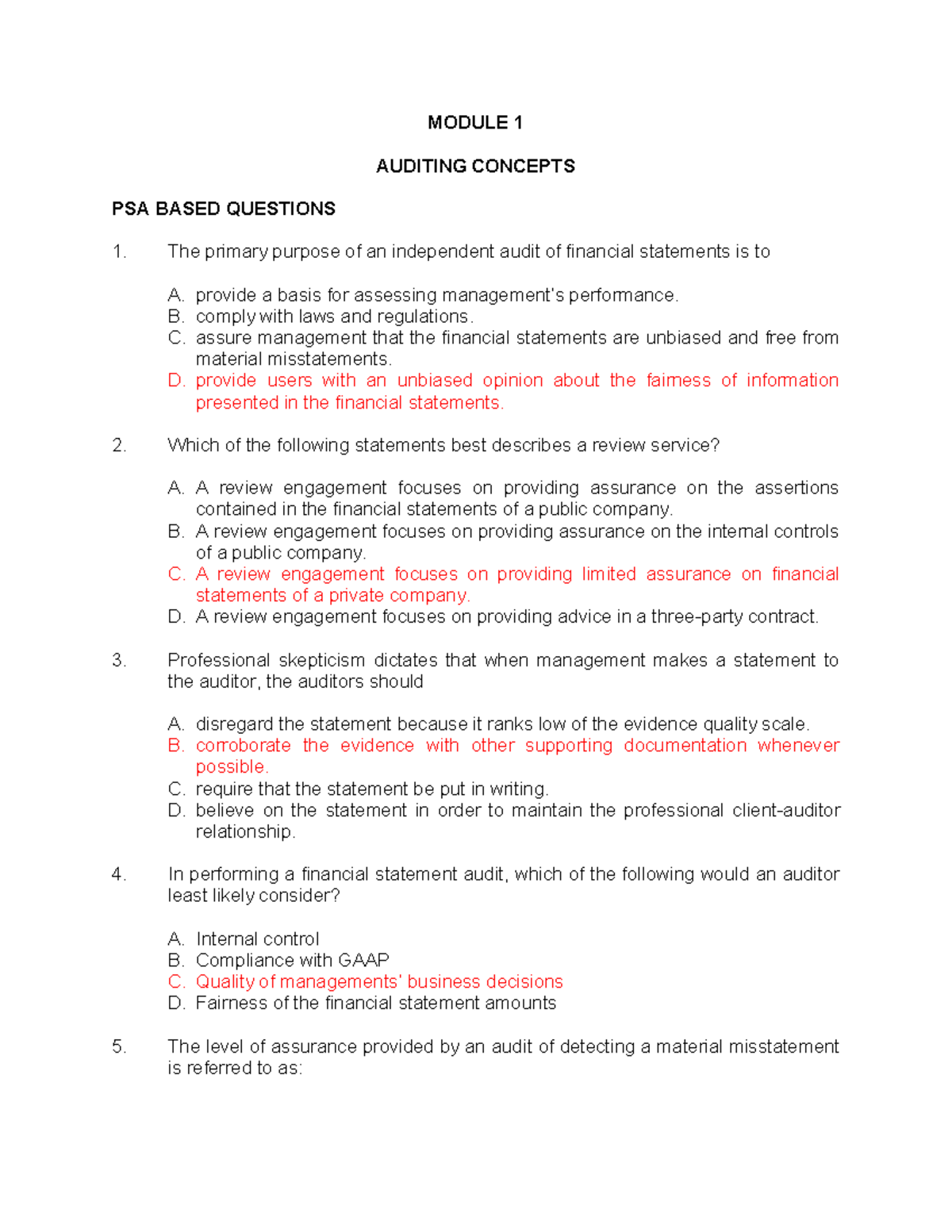 MODULE 1-3 AUDITING CONCEPTS: PSA BASED QUESTIONS & ANSWERS - Studocu