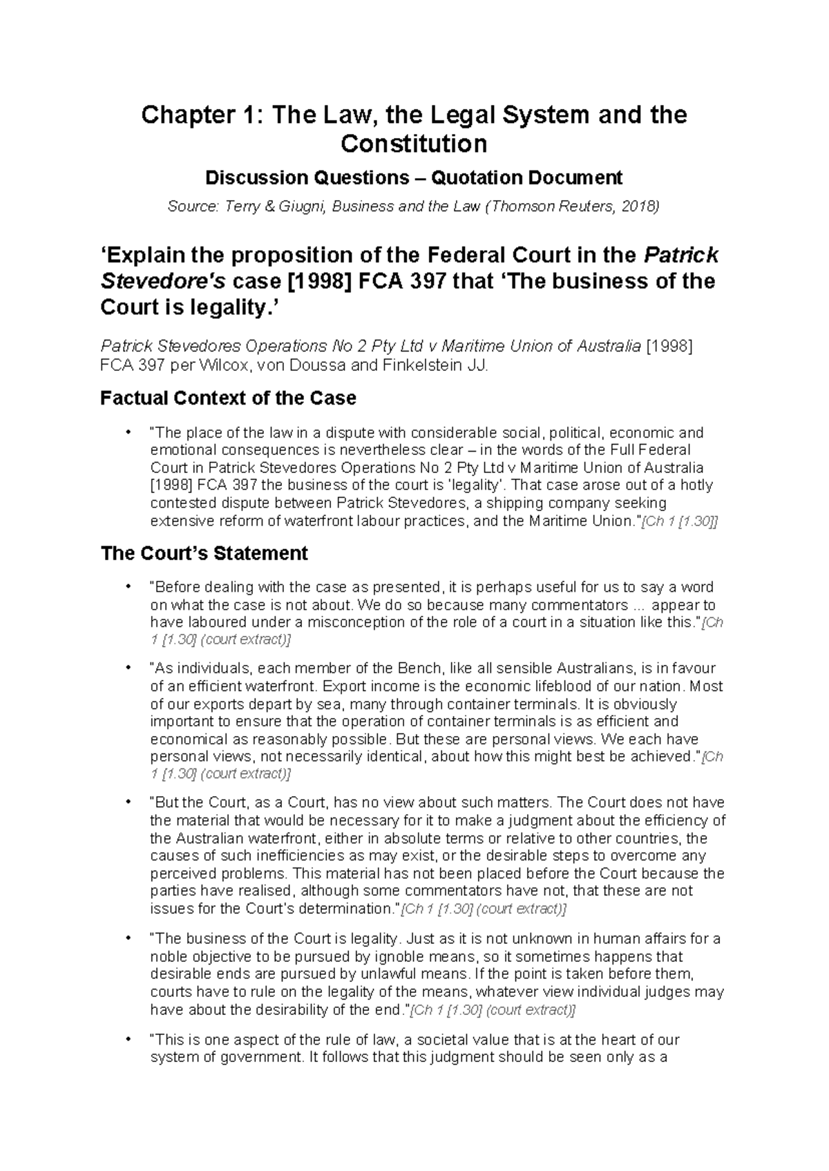 CLAW1001 Chapter 1: Legal System & Constitution Discussion Questions ...