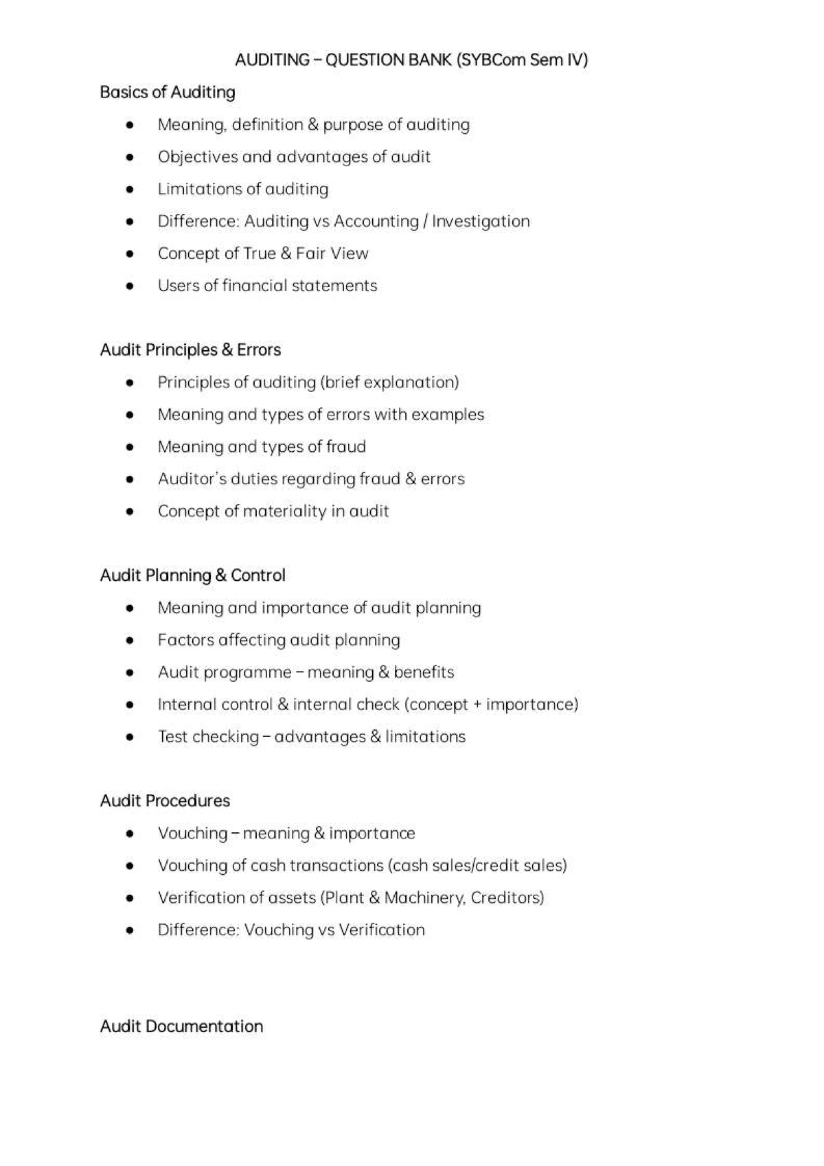 Auditing Question Bank (SYBCom Sem IV) - Key Concepts & Principles ...