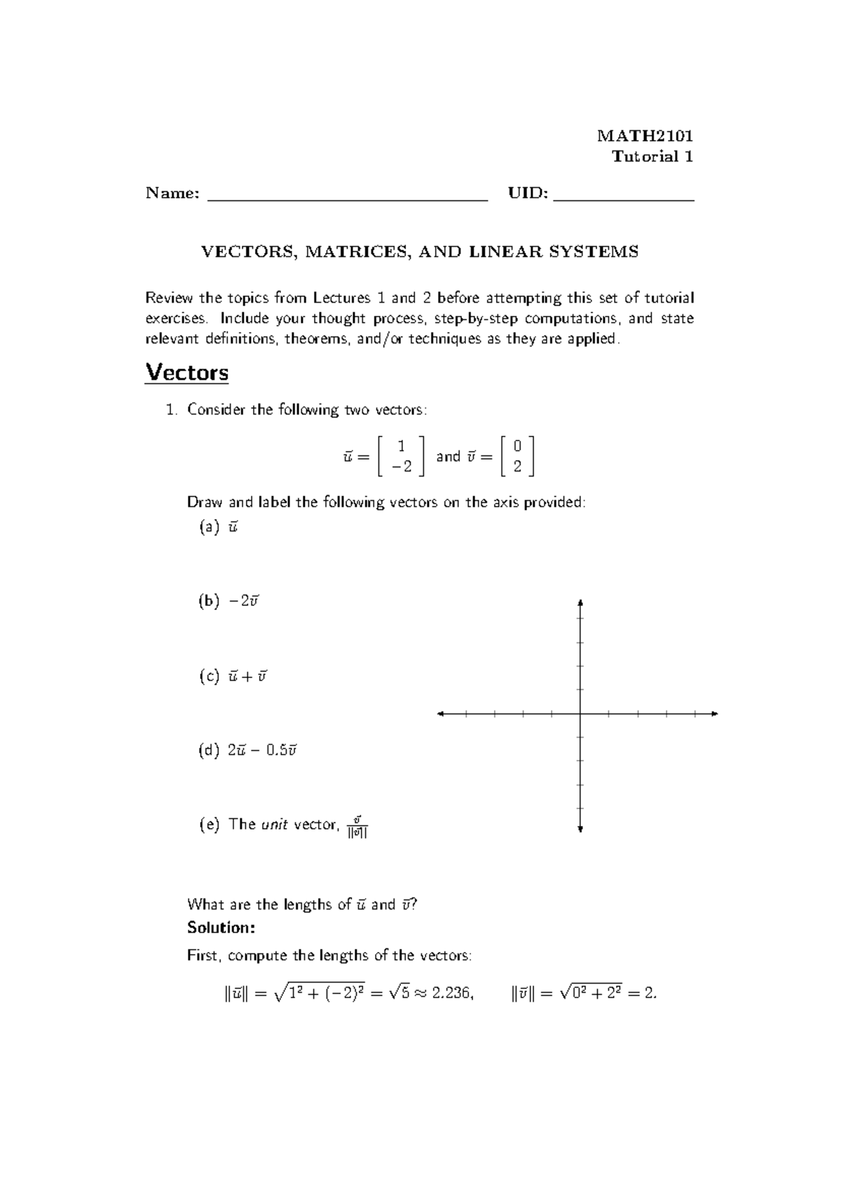 MATH2101 Tutorial 1: Vectors, Matrices, and Linear Systems Review - Studocu