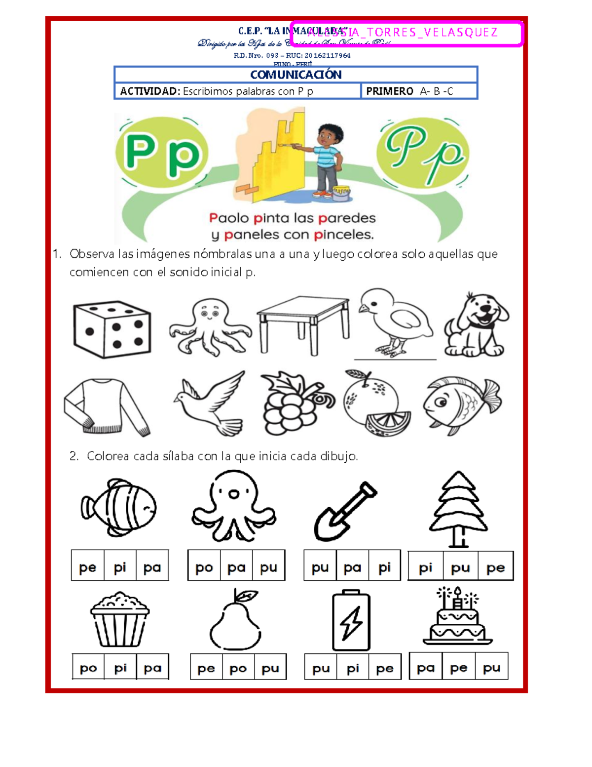 C.E.P. Actividades de Comunicación: Fonema P - 1ABC - Studocu