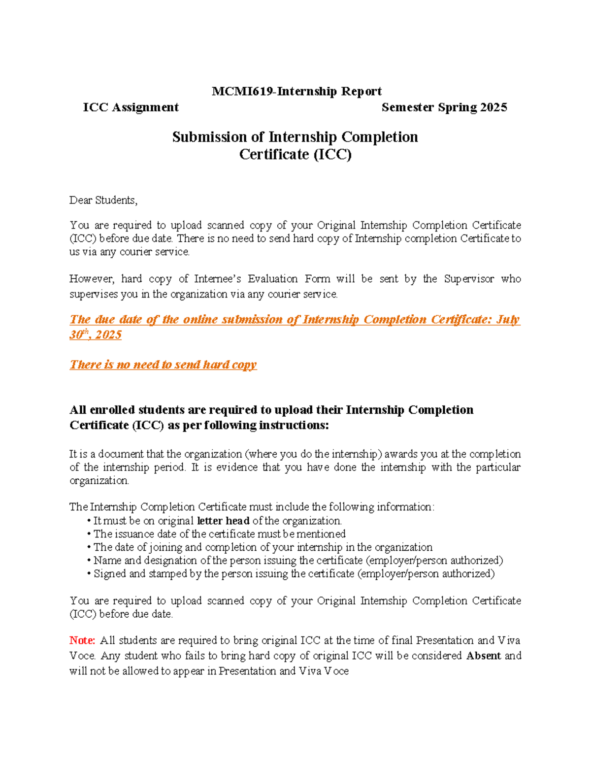 MCMI619 Spring 2025 ICC Assignment Report: Internship Certificate ...