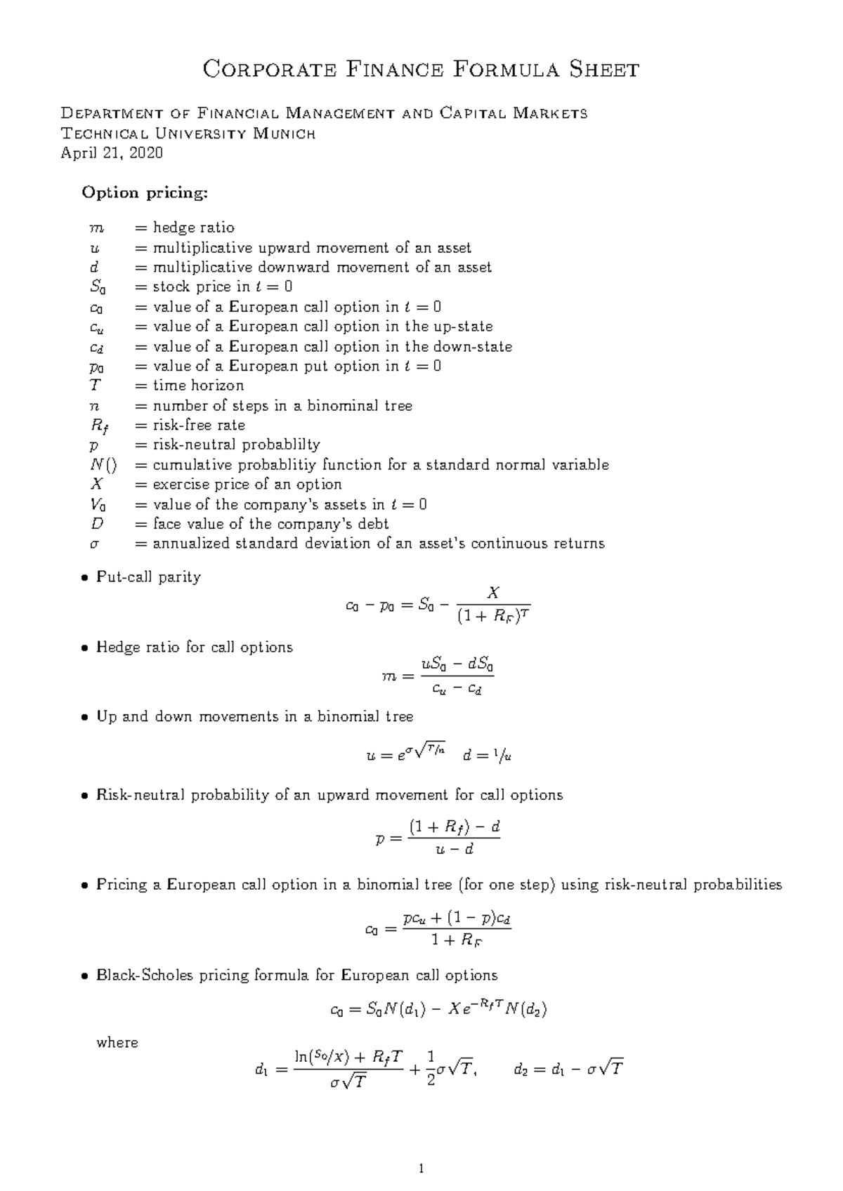 Corporate Finance (CF) Formula Sheet - Lecture Notes Summary - Studocu