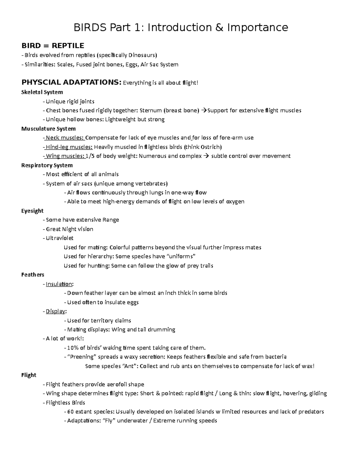 Birds I - Lecture Notes on Evolution, Adaptations, and Ecology - Studocu
