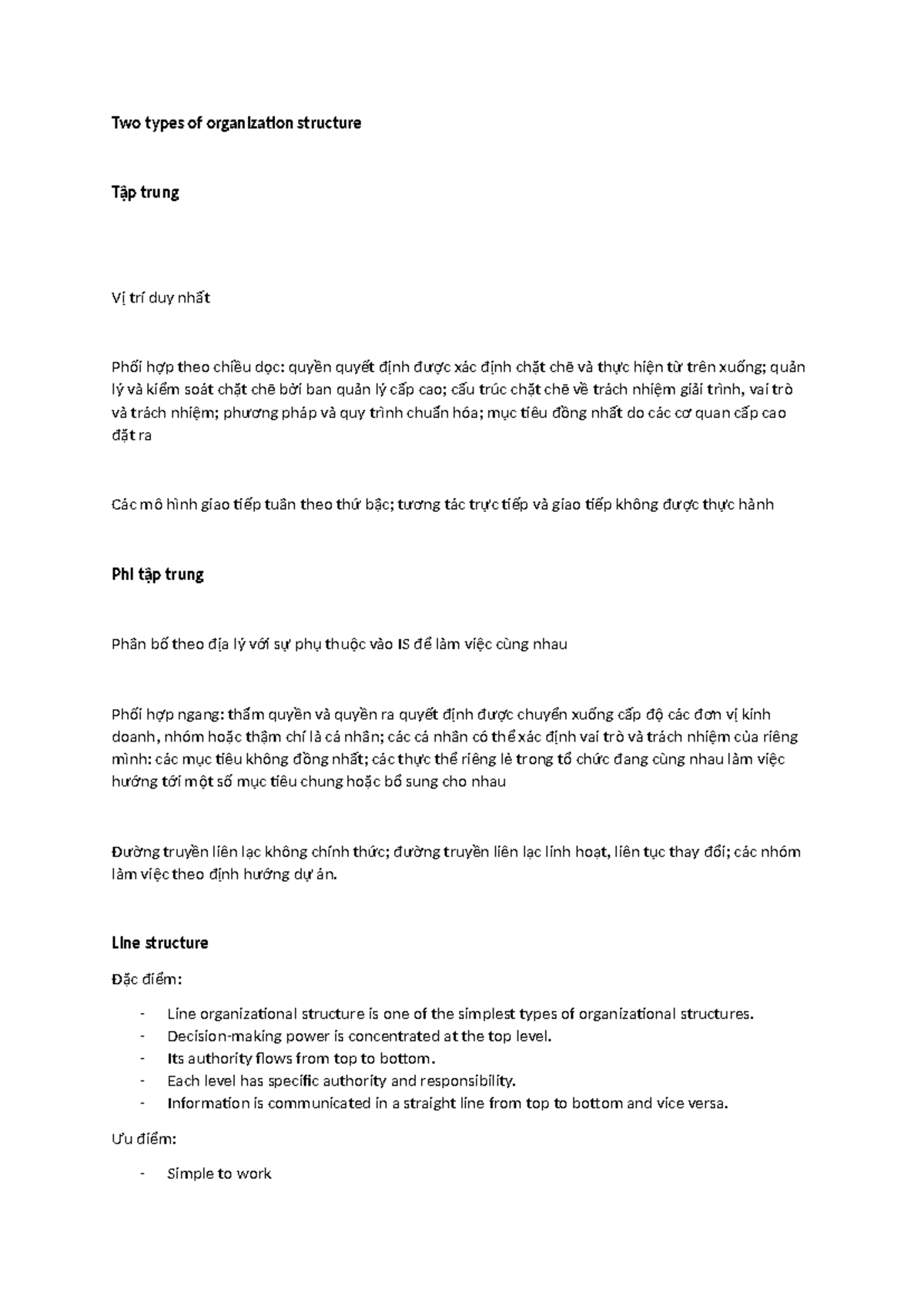 Two types of organization structure - Line structure Đặc điểm: - Line ...