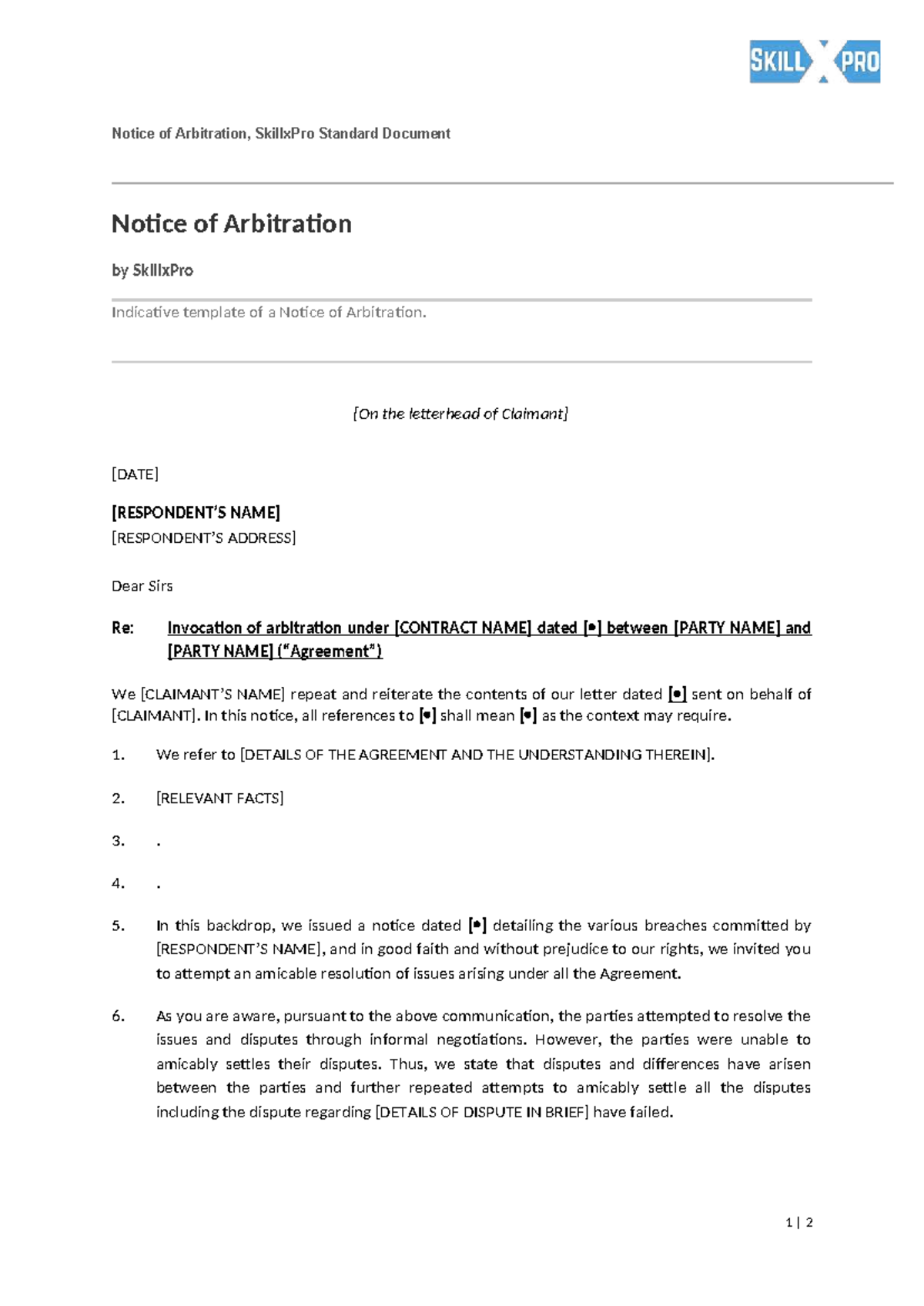 SkillxPro Notice of Arbitration Template Document - Studocu