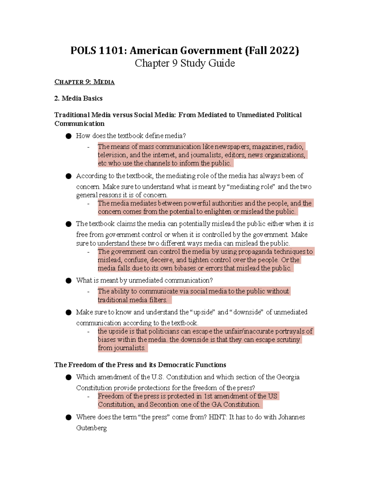 POLS 1101: Ch. 9 Media Study Guide for Exam 3 F22 - Studocu