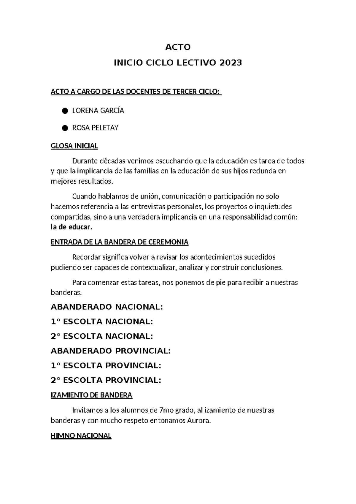 ACTO DE INICIO CICLO LECTIVO 2023: CEREMONIA Y REFLEXIONES - Studocu