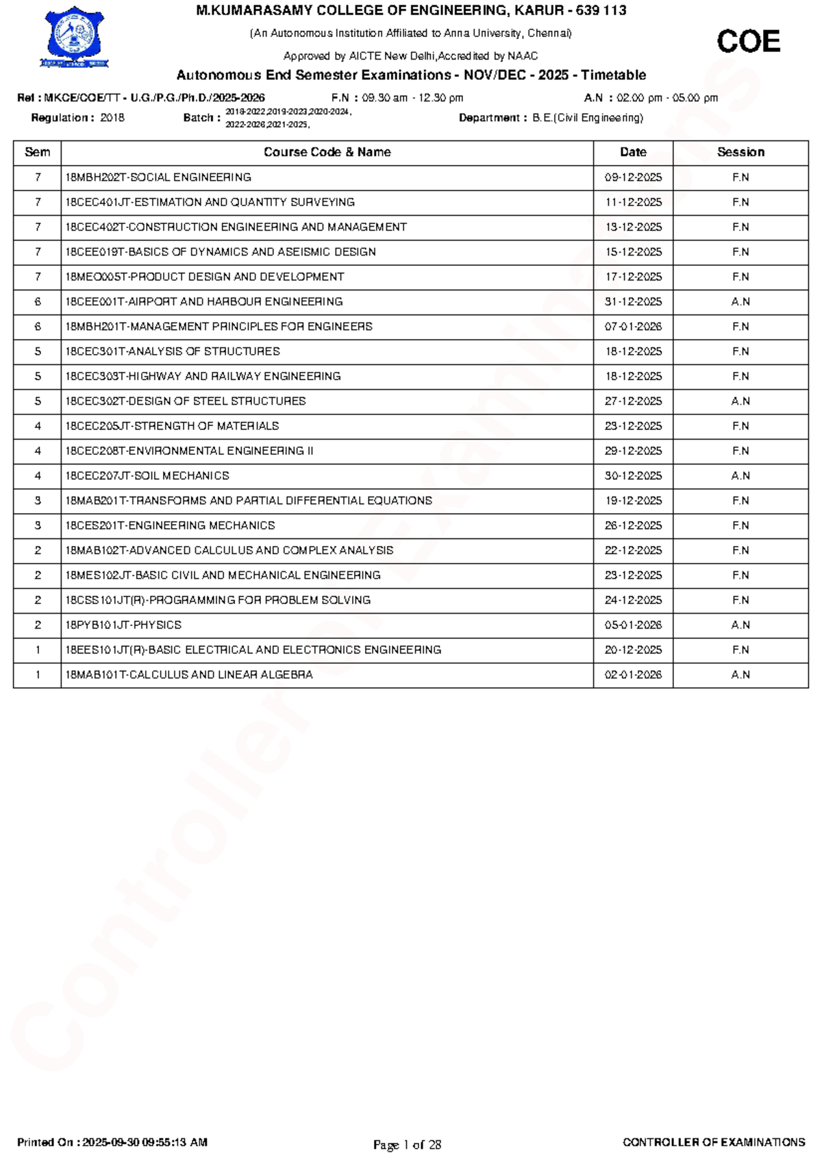 Autonomous End Semester Examinations 2025 Timetable for B.E. & B.Tech ...