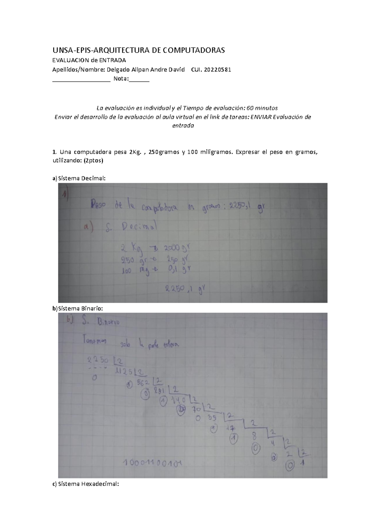 UNSA-EPIS-ARQUITECTURA DE COMPUTADORAS: Examen de Entrada 2023 - Document Preview