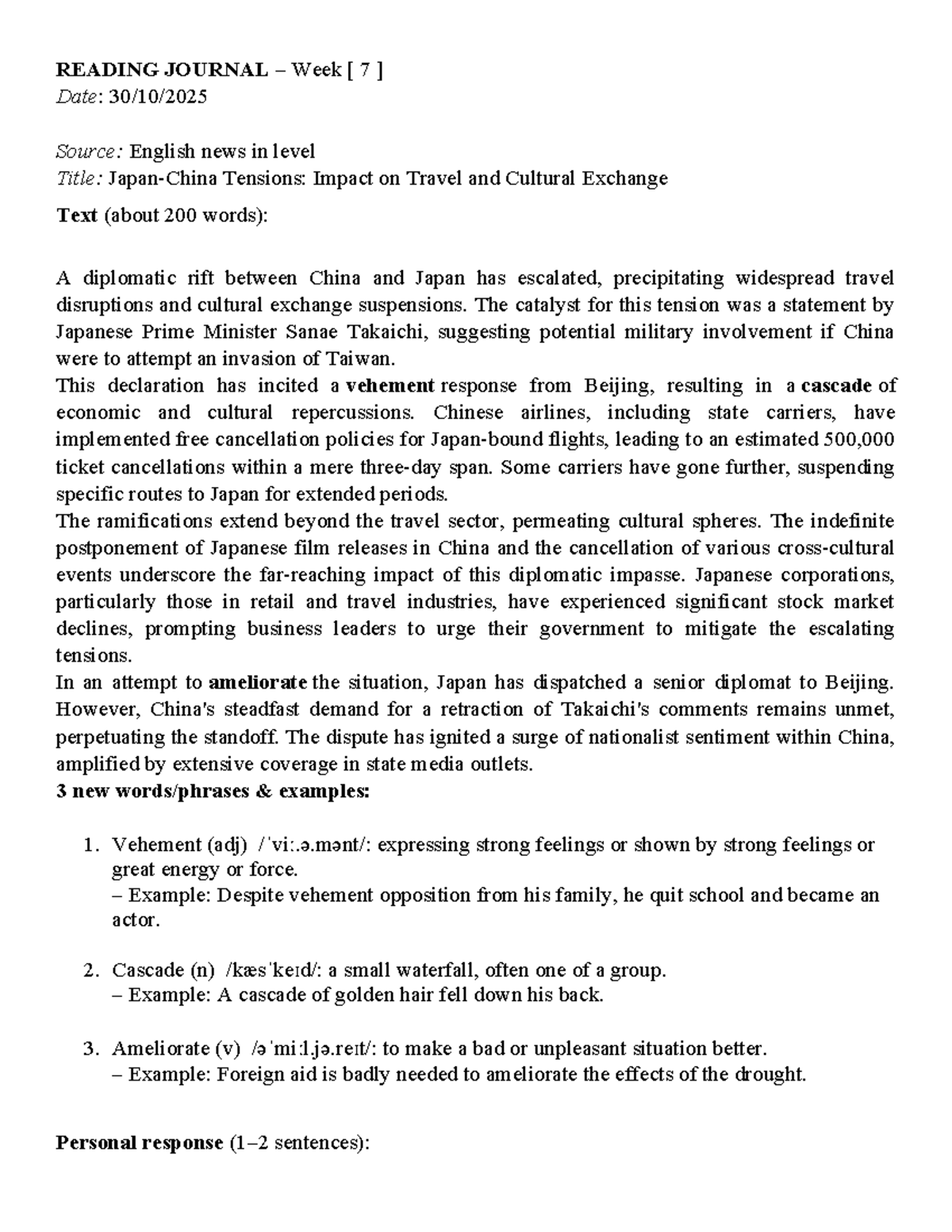 ENG 101 READING JOURNAL Week 7: Tensions in Travel & Culture - Studocu