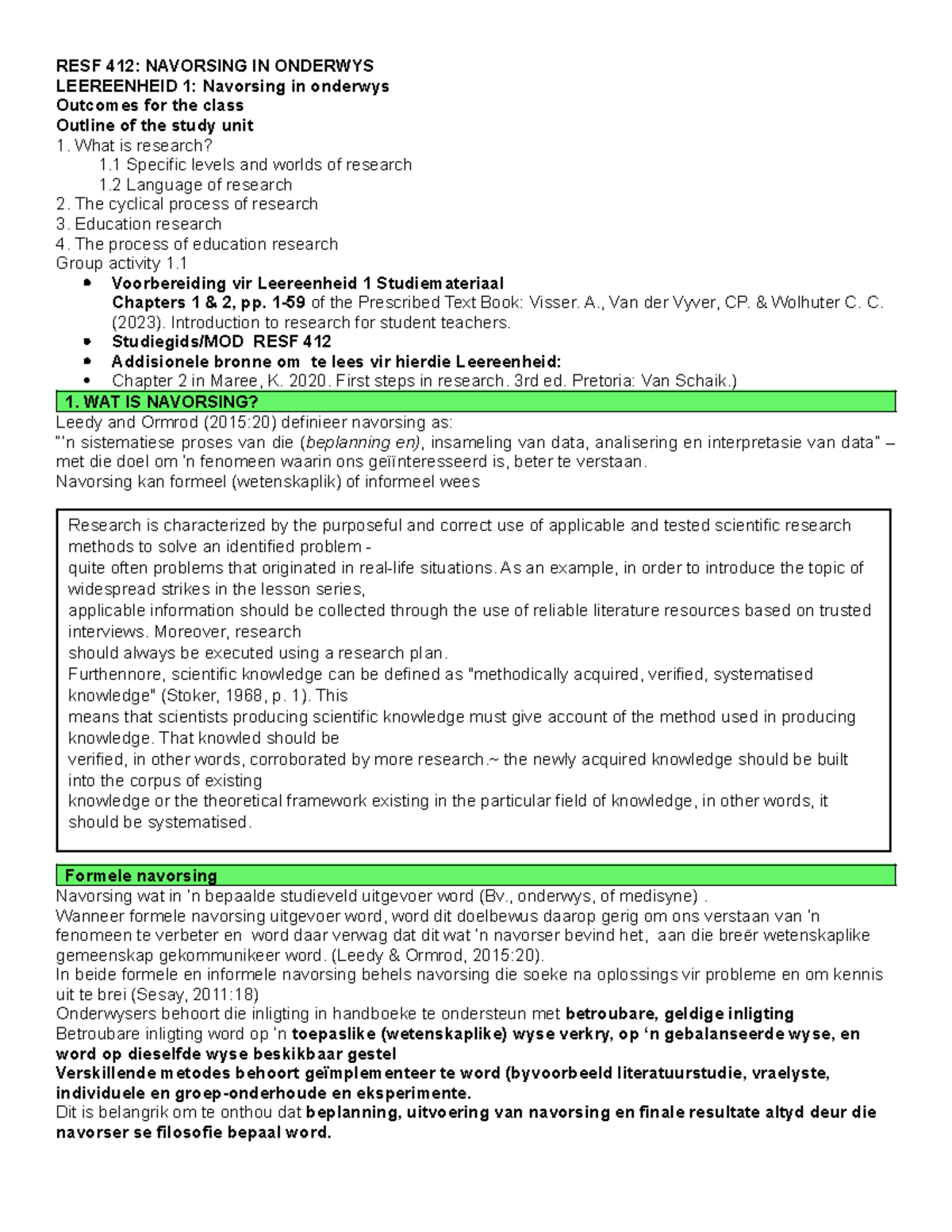 RESF 412 LE1 Navorsing in Onderwys: Sleutelareas en Proses - Studocu