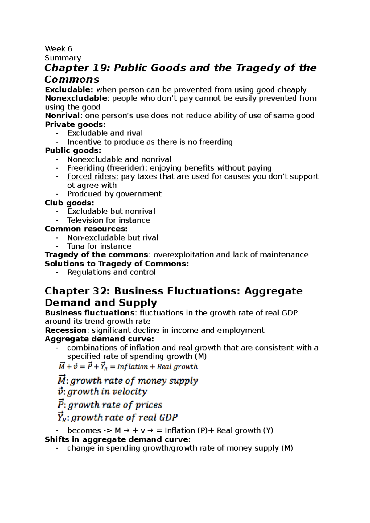 ECON 101 Week 6 Summary: Public Goods & Business Fluctuations Analysis ...