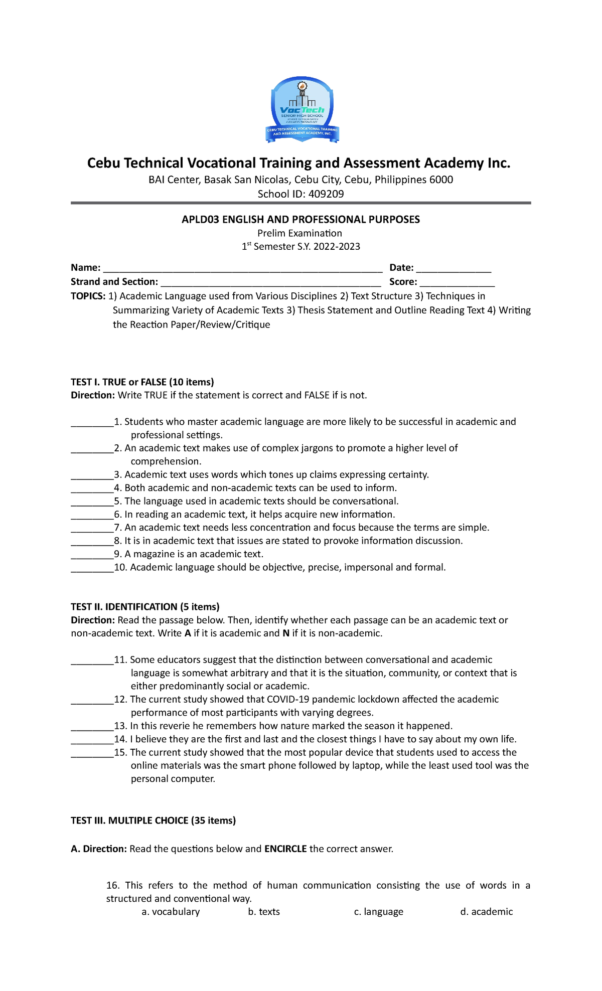 Prelim EAPP - EAPP - Cebu Technical Vocational Training and Assessment ...