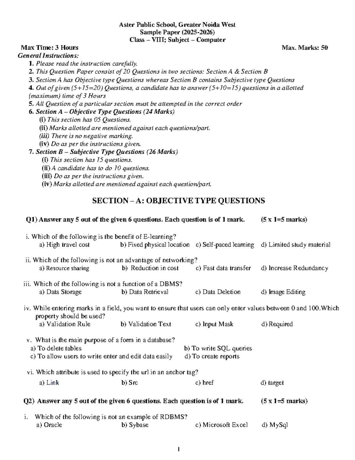 Class 8 Computer Sample Paper TERM 1 - Aster Public School - Studocu