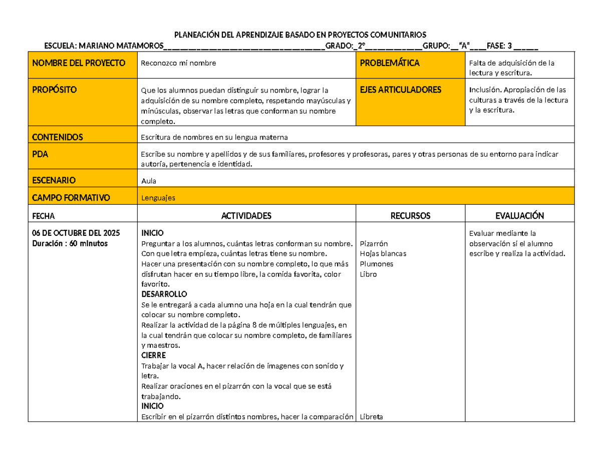Planeación de Aprendizaje Basado en Proyectos Comunitarios - Octubre ...