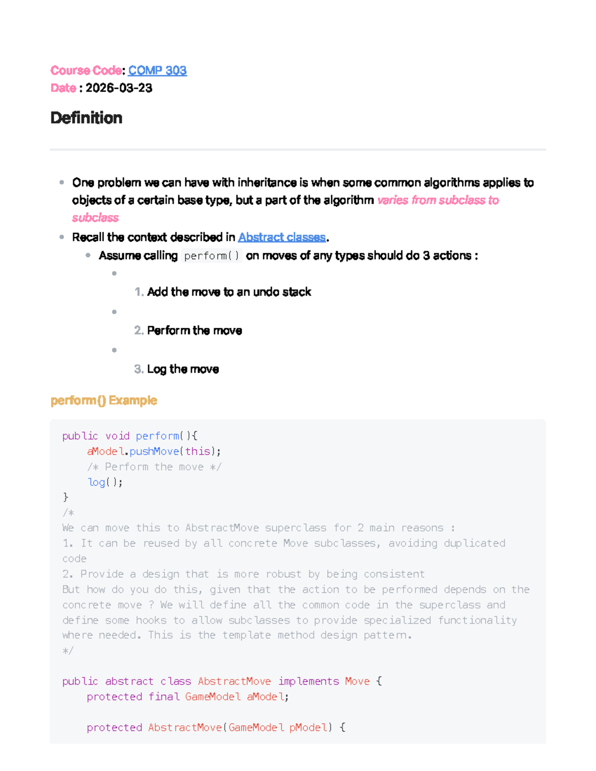 COMP 303: Template Method Design Pattern in Inheritance - Studocu