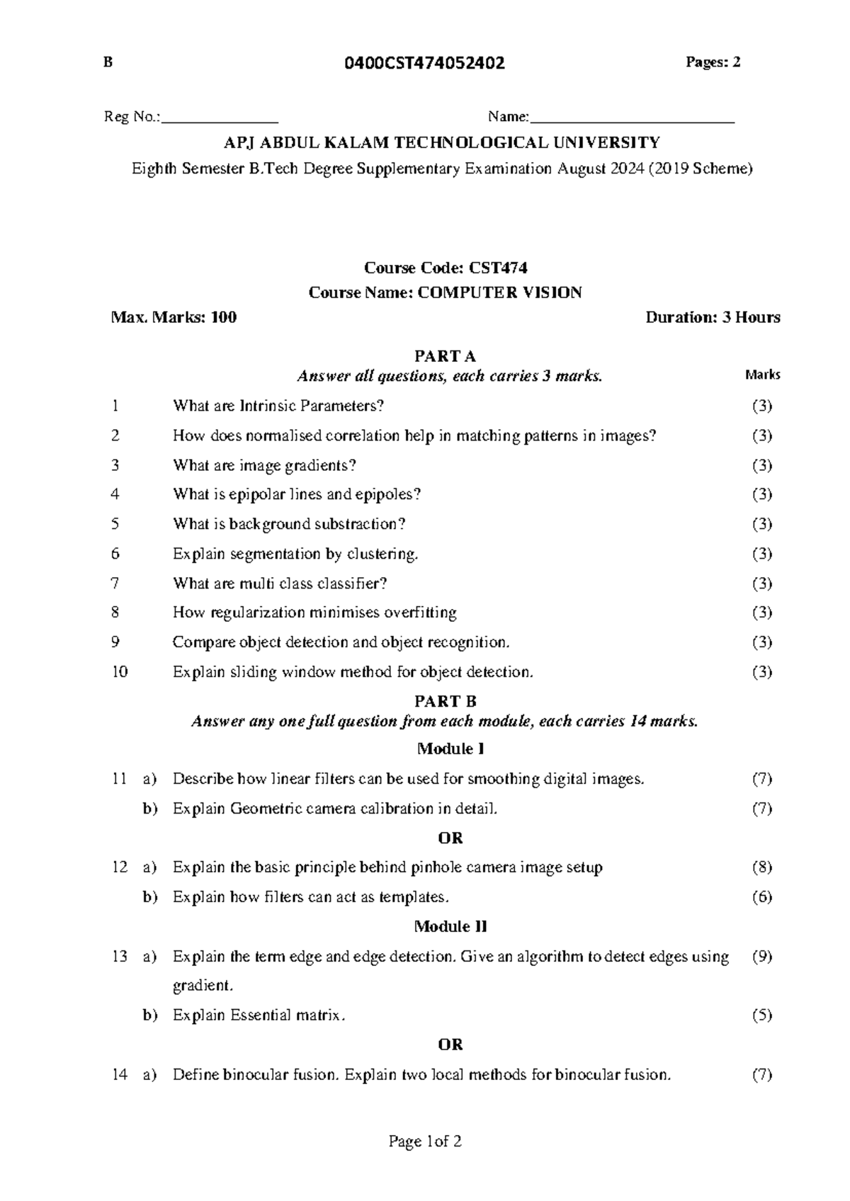 CST474 Final Exam Questions - Computer Vision S8 August 2024 - Studocu