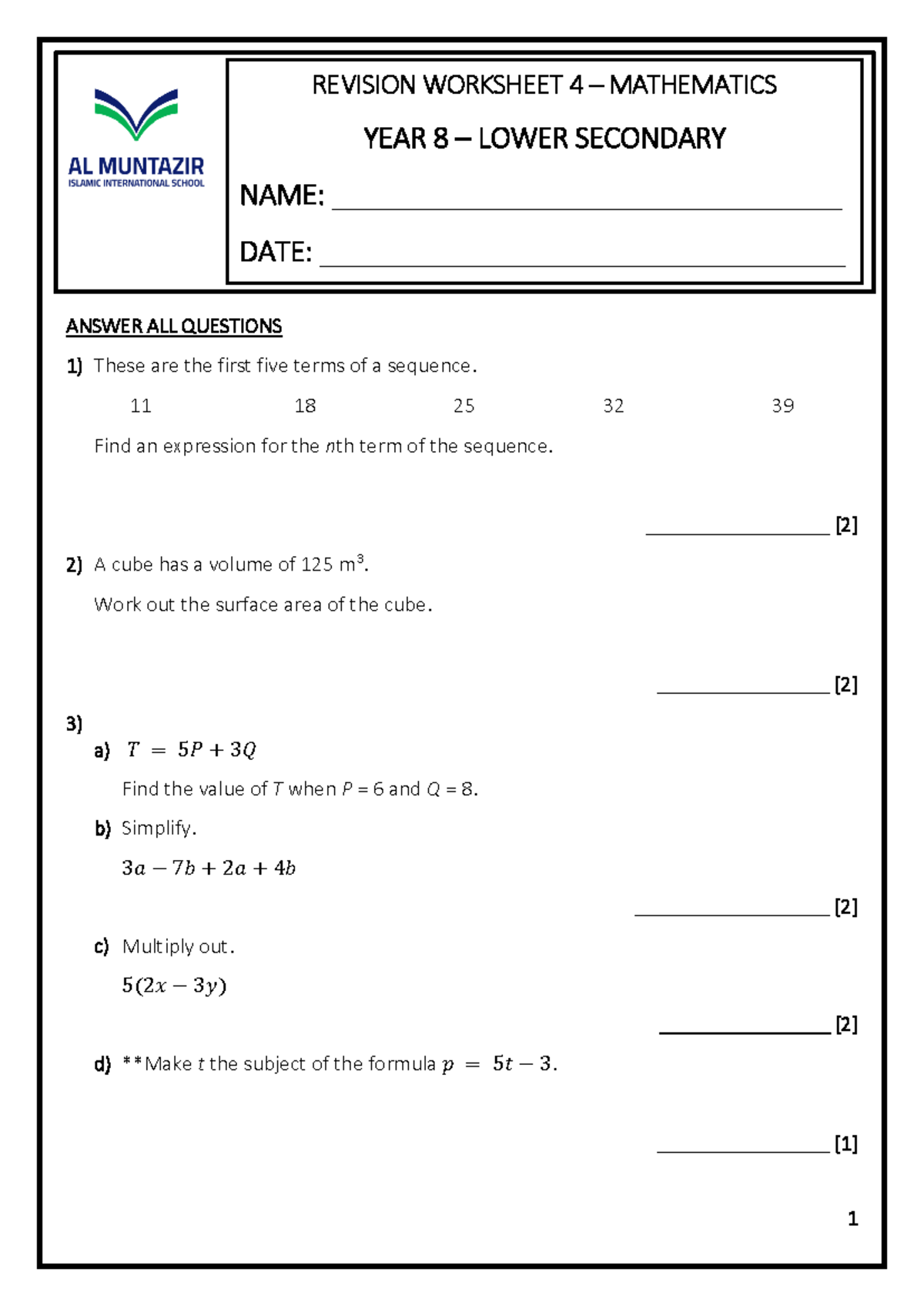 YEAR 8 Mathematics Revision Worksheet 4 - May 2026 - Studocu