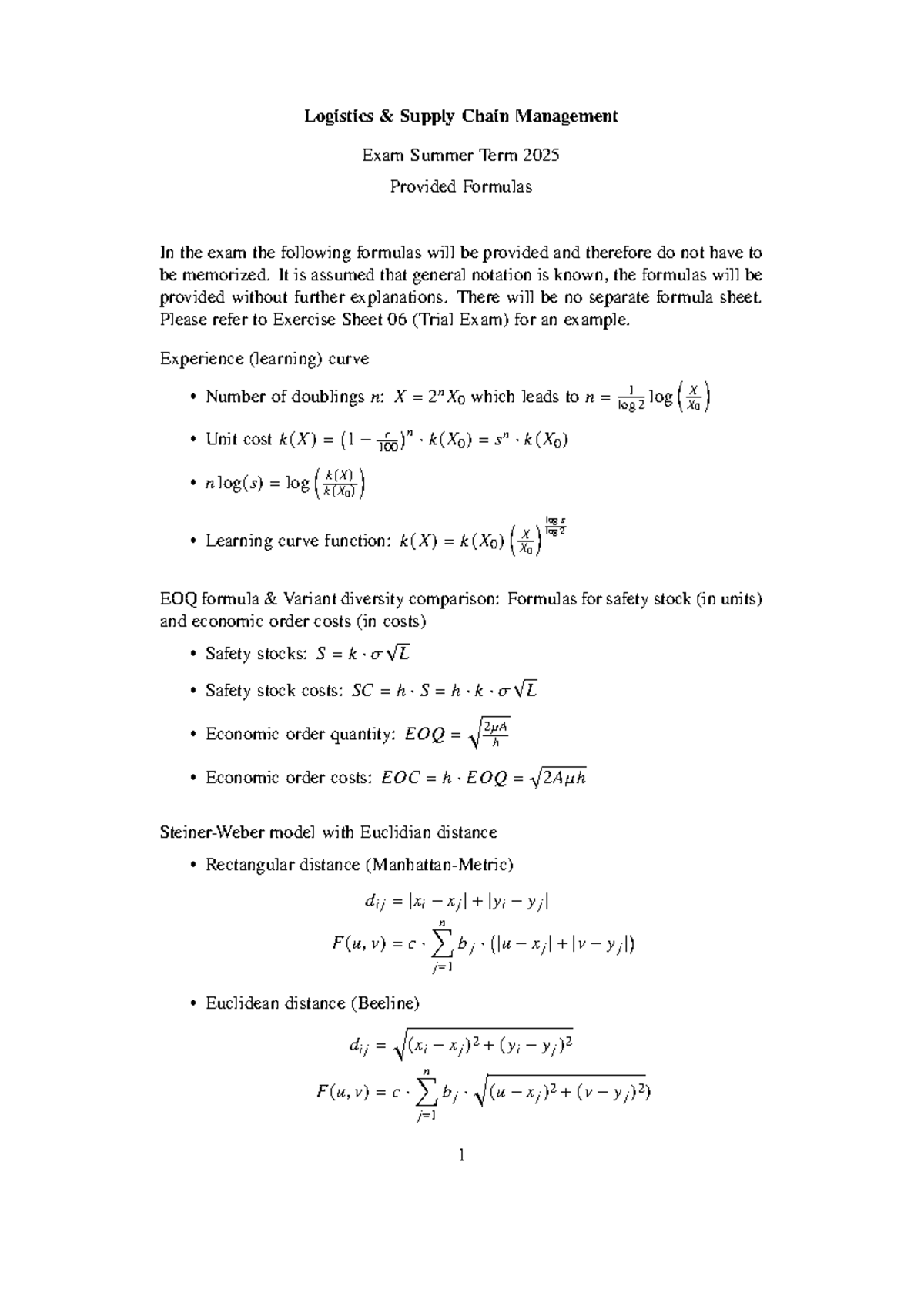 Logistics Supply Chain Management Exam Formulas Summer 2025 - Studocu