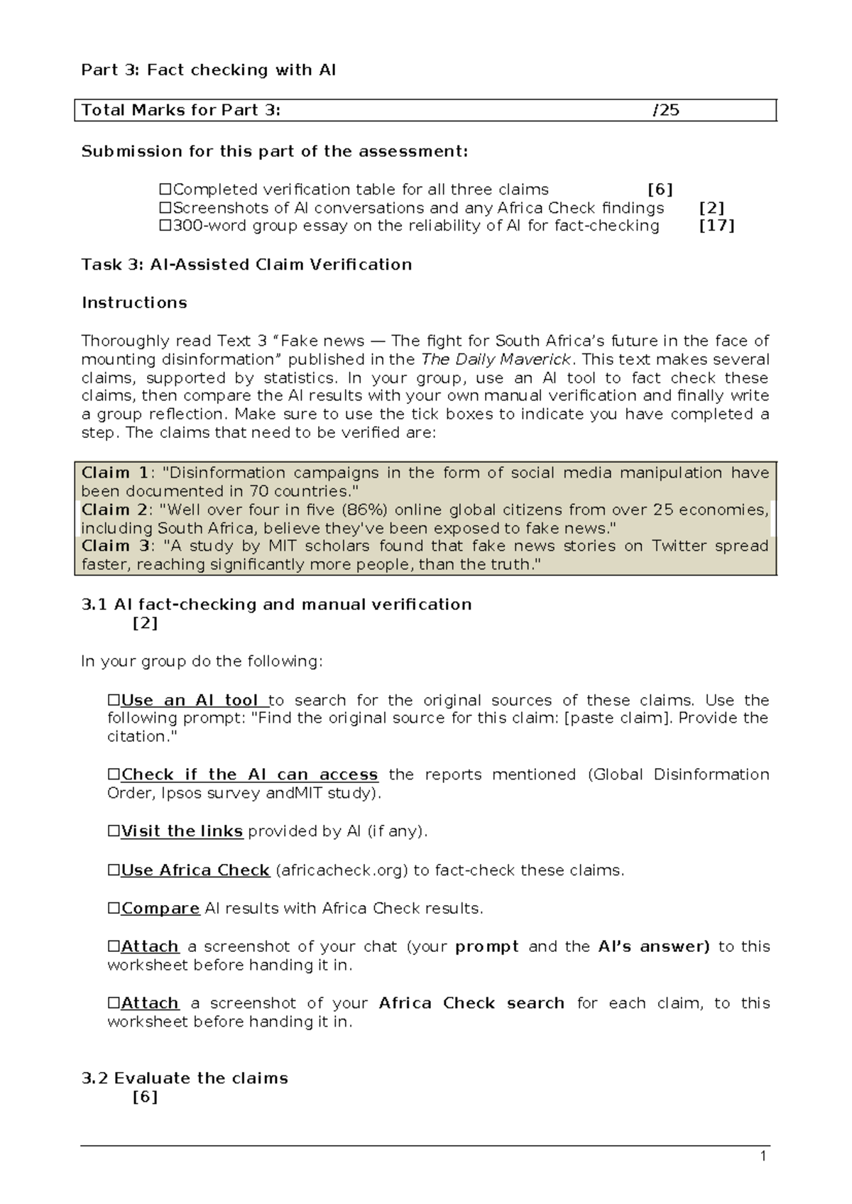 ALDE 111 Assessment 3: AI Fact-Checking and Claim Verification - Studocu