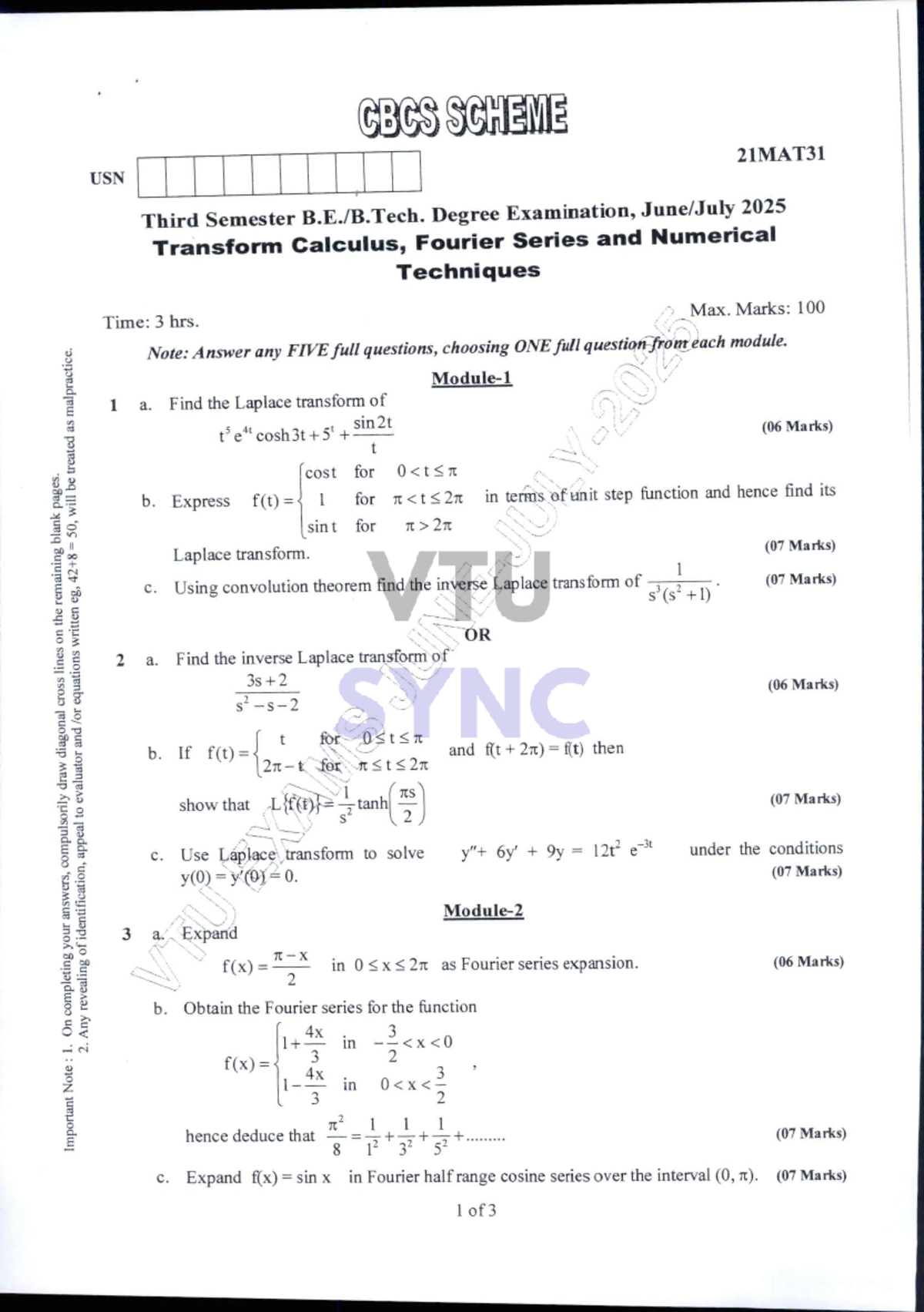 Transform Calculus, Fourier Series & Numerical Techniques - 21MAT31 ...