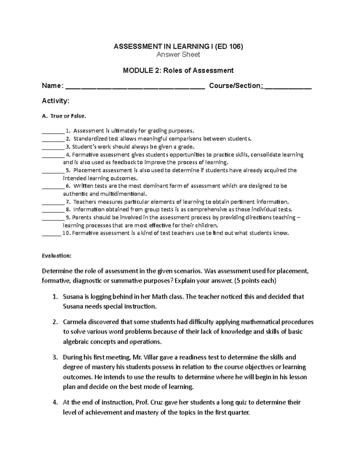 ED 106: Assessment in Learning I - Module 2 Activity 2 Answer Sheet ...