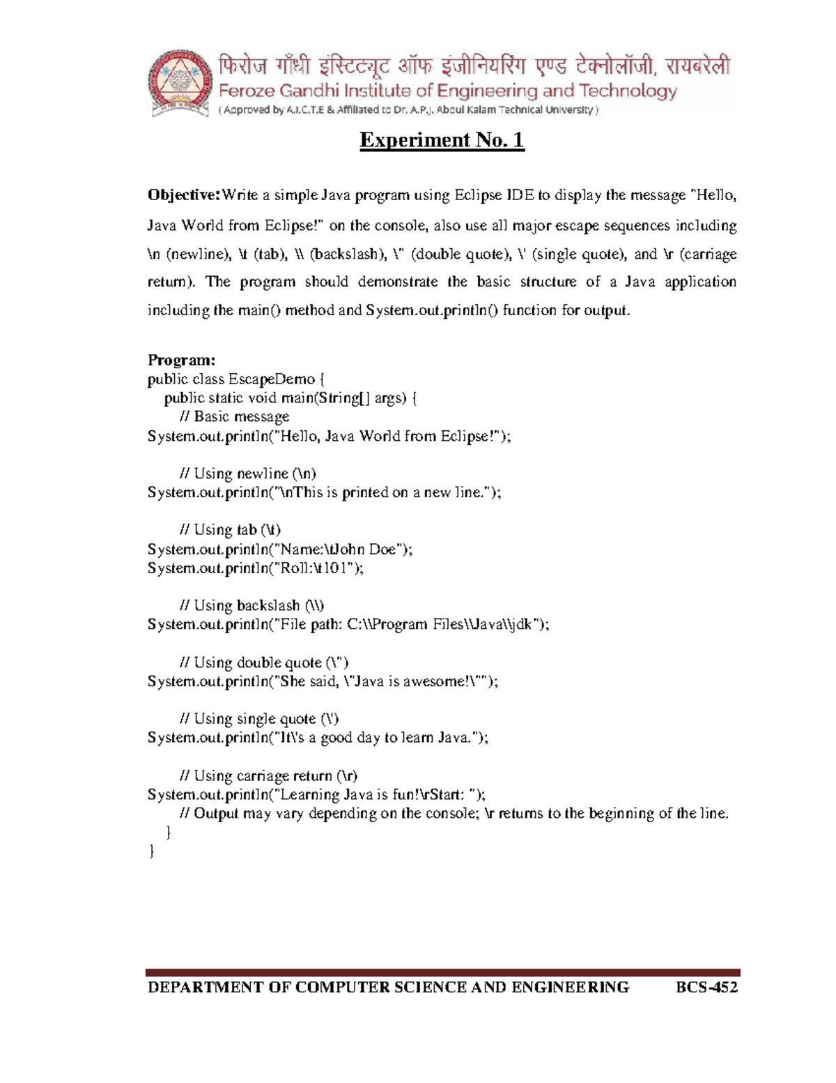 Experiment No. 1: Java Program with Escape Sequences in Eclipse - Studocu