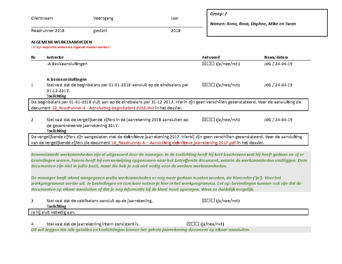 Controlewerkzaamheden (1.4) - Controlewerkzaamheden Sheets Grondslagen