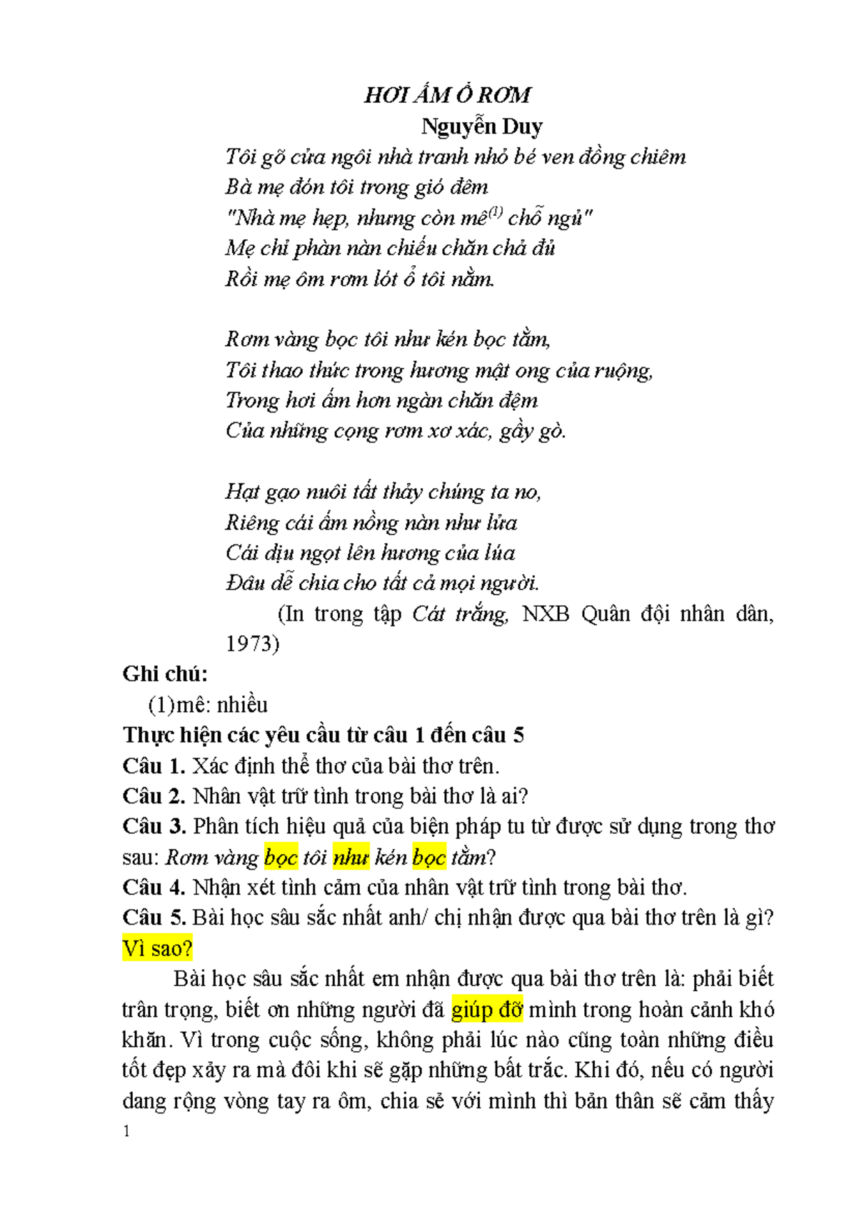 HƠI ẤM Ổ RƠM - Phân Tích Bài Thơ Nguyễn Duy - Studocu