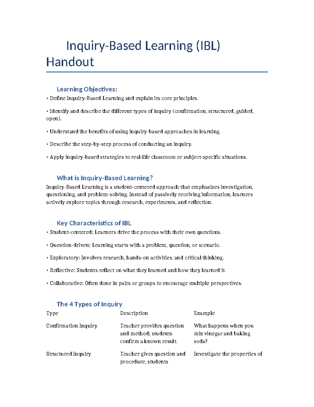 Inquiry-Based Learning (IBL) Handout: Objectives & Types of Inquiry ...