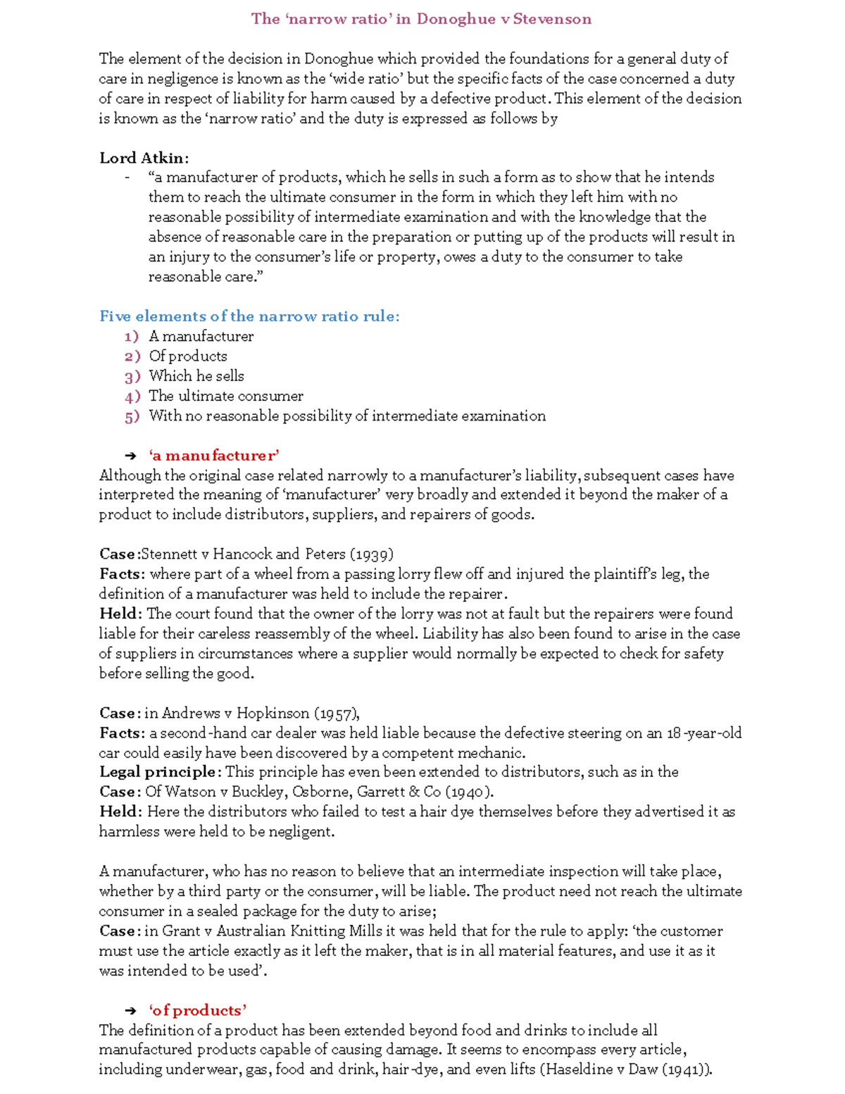 Narrow Ratio in Donoghue v Stevenson: Key Elements Explained - Studocu