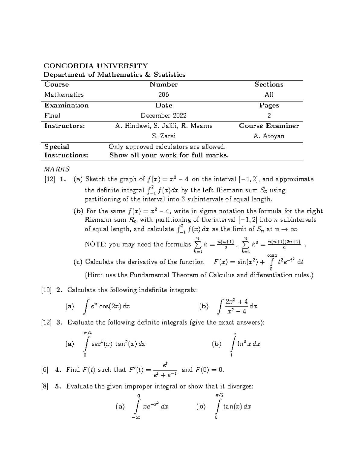 Math 205 Final Exam Solutions and Key Concepts - Fall 2022 - Studocu