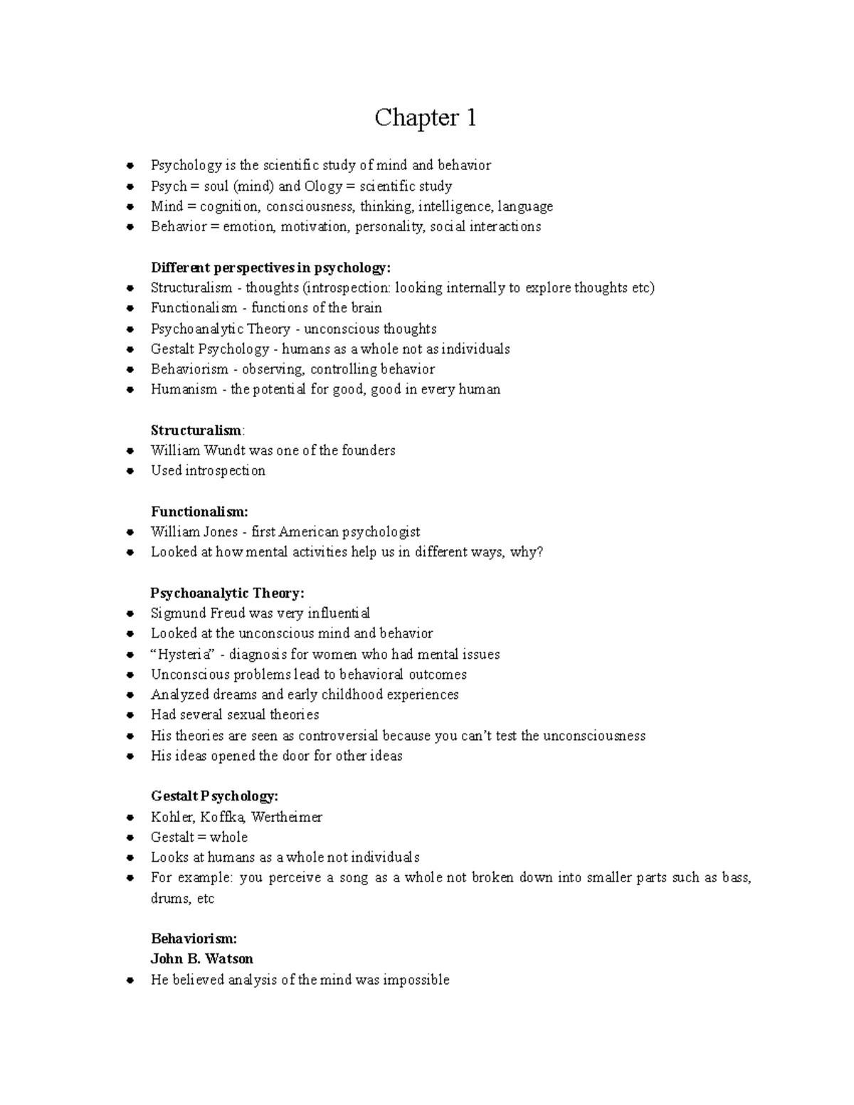 PSY100 - notes - Chapter 1 Psychology is the scientific study of mind ...
