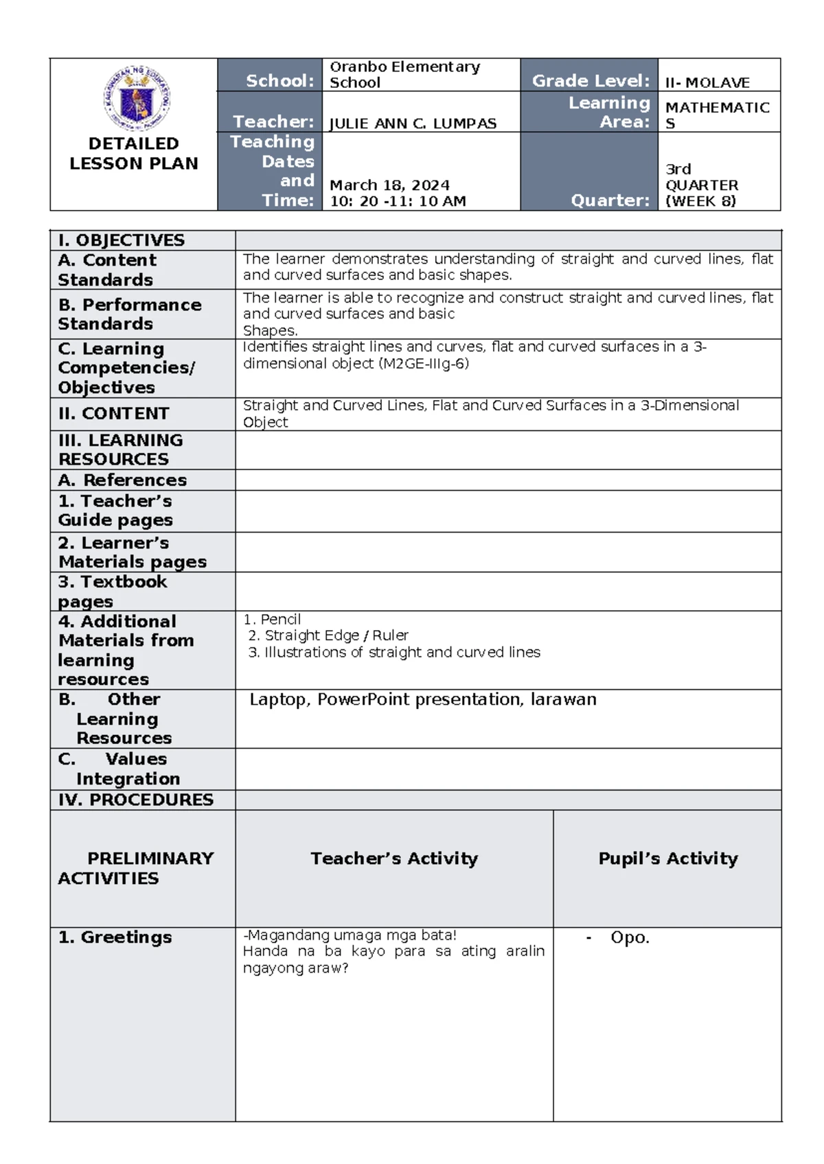 DLP: Kindergarten Math Lesson Plan for Week 6 (March 5, 2024) - Studocu