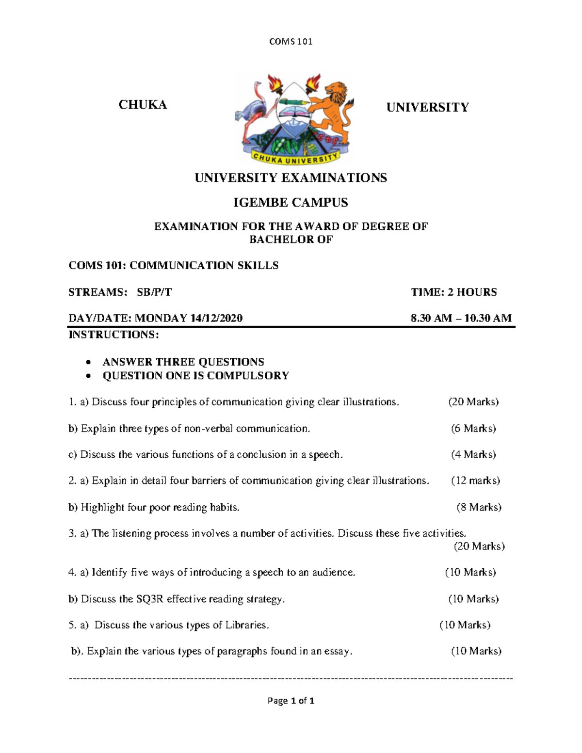COMS 101: Communication Skills Exam Revision Notes - Studocu
