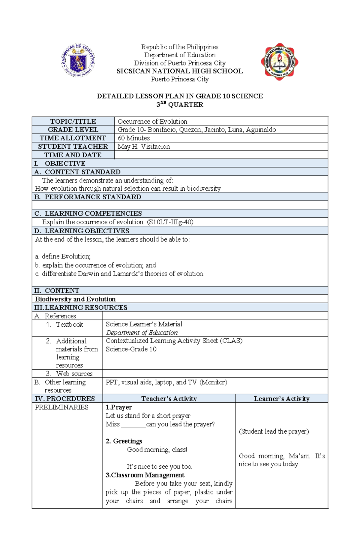 Detailed Lesson Plan on Occurrence of Evolution for Grade 10 Science ...