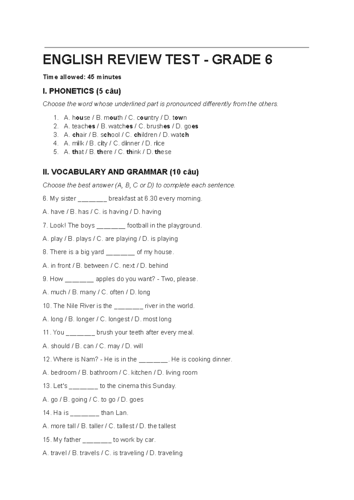 ENGLISH REVIEW TEST GRADE 6: PHONETICS, VOCABULARY & GRAMMAR - Studocu