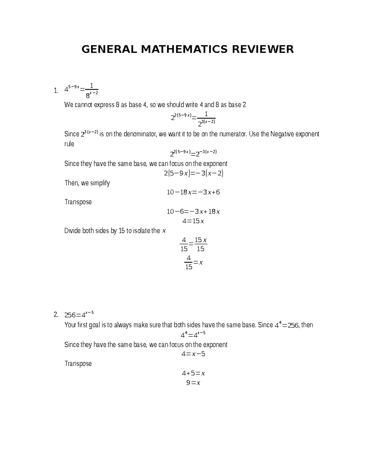 General Mathematics Reviewer - GENERAL MATHEMATICS REVIEWER 1. 4 5 − 9 ...